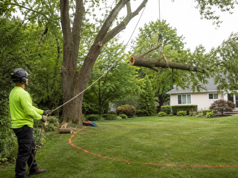 Ground worker lowering a cut section on a rigging line